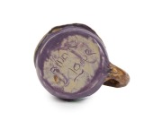 ALLAN LOWE mauve glazed pottery vase with applied gum leaf and branch handle decoration, incised "Allan Lowe", 5cm high, 8cm wide - 2
