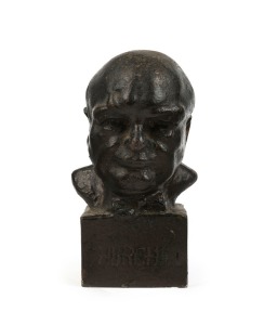 WINSTON CHURCHILL (British War Time Prime Minister) cast metal paperweight bust, titled "Churchill", stamped on the base "Electric Control, Sydney", 11cm high