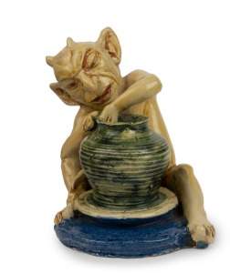 MARGUERITE MAHOOD devil potter statue, incised "M. Mahood" and with remains of early exhibition paper label to base, 11cm high. Provenance: The Marvin Hurnall Collection, Lot 302, Sale 77MG. Illustrated: Australian Art Pottery 1900-1950, Kevin Fahy, Keith Free, John Freeland & Andrew Simpson, Casuarina Press 2004, p.252, plate no. 302.