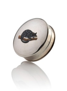 A rare antique English sterling silver circular box with tiger quoll enamel decoration, made in Birmingham, circa 1908, 6cm diameter 36 grams