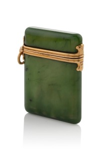 THOMAS GAUNT of Melbourne, antique 15ct yellow gold mounted New Zealand greenstone vesta case, 19th century, stamped "T. GAUNT, 15ct", 6cm high