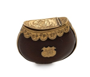 An antique burra nut vesta mounted in 15ct yellow gold with engraved Australian coat of arms on the lid, and owners monogram shield to the front, rare, 19th century, 5cm high, 5.5cm wide, 21.7 grams total including nut