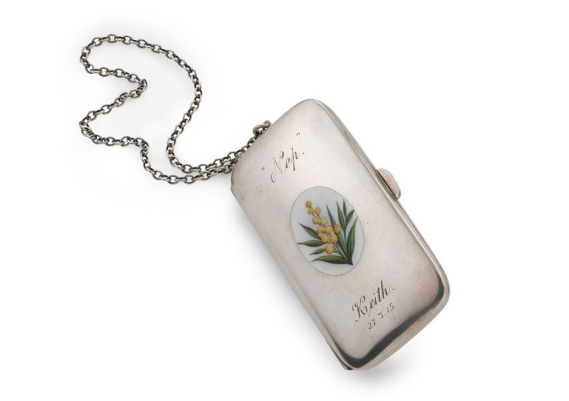 An antique sterling silver cigarette case with enamel wattle decoration, engraved "Nep, Keith, 27/5/15", suspended on a silver chain, made by Deakin & Francis of Birmingham, circa 1914, ​​​​​​​the case 8.5cm high, 60 grams total