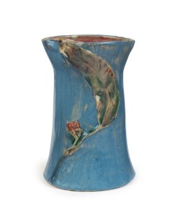 PHILIPPA JAMES blue and pink glazed pottery vase with applied gum blossom and leaf, incised "Philippa James", 16cm high