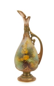 ROYAL WORCESTER English porcelain ewer with hand-painted wattle decoration, signed "R. AUSTIN". puce factory mark to base "Royal Worcester, England, Australian Wild Flower Series, Made for Thomas Webb & Sons, Melbourne", 20.5cm high