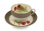 ROYAL WORCESTER "Waratah" hand-painted English porcelain teacup and saucer with grey quaker border, signed "A. SHUCK", (2 items), puce factory mark to base "Royal Worcester, England, Flavelle Brothers Ltd.", the saucer 14.cm wide