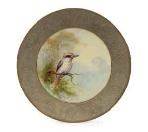 ROYAL WORCESTER "Kookaburra" hand-painted English porcelain cabinet plate with grey quaker border, signed "R. AUSTIN", puce factory mark to base "Royal Worcester, England, Flavelle Brothers Ltd.", 23cm diameter