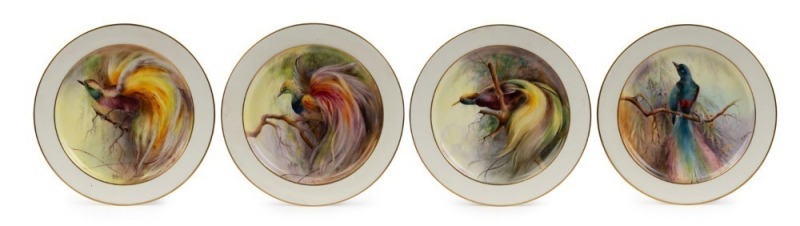 ROYAL WORCESTER set of four "Bird of Paradise" hand-painted English porcelain cabinet plates, signed "R. AUSTIN" and designed by ELLIS ROWAN, puce factory marks to base with titles, 22cm diameter