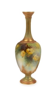 ROYAL WORCESTER English porcelain vase with hand-painted wattle decoration, signed "R. AUSTIN". puce factory mark to base "Royal Worcester, England, Australian Wild Flower Series, Made for Thomas Webb & Sons, Melbourne", 19cm high