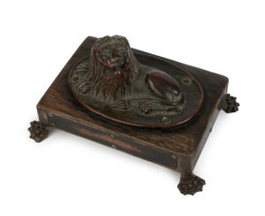 H.M.S. SIRIUS pressed copper and oak desk ornament mounted with four engraved plaques "H. M. S. Sirus (sic)", "Wrecked Pointe Ross Reef, Sydney Bay, Norfolk Island In The Year Of Our Lord, 1790", "Christ Is My Pilot And My Compass Is His Worde" and "Each Storm My Soule Defys While I Have Suche A Lord", unknown age but most likely 19th century, 10cm high, 20cm wide, 15cm deep