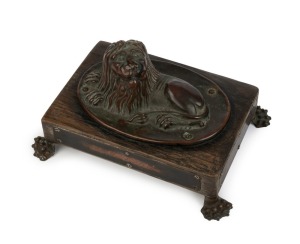 H.M.S. SIRIUS pressed copper and oak desk ornament mounted with four engraved plaques "H. M. S. Sirus (sic)", "Wrecked Pointe Ross Reef, Sydney Bay, Norfolk Island In The Year Of Our Lord, 1790", "Christ Is My Pilot And My Compass Is His Worde" and "Each 