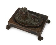 H.M.S. SIRIUS pressed copper and oak desk ornament mounted with four engraved plaques "H. M. S. Sirus (sic)", "Wrecked Pointe Ross Reef, Sydney Bay, Norfolk Island In The&nbsp;Year Of Our Lord, 1790", "Christ Is My Pilot And My Compass Is His Worde" and "Each 