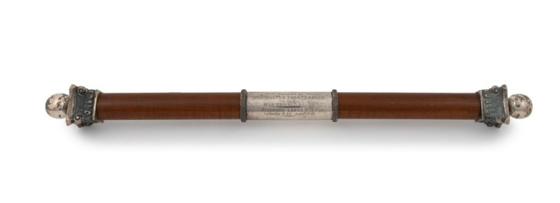 An Australian silver and fiddleback blackwood Masonic staff with engraved inscription "Presented by Wor. Master Bro. A. CLARSEN To Wor. Bro W. O. Allen DC. Richmond Lodge No 89. September 8.25- August 10.26", 47cm long