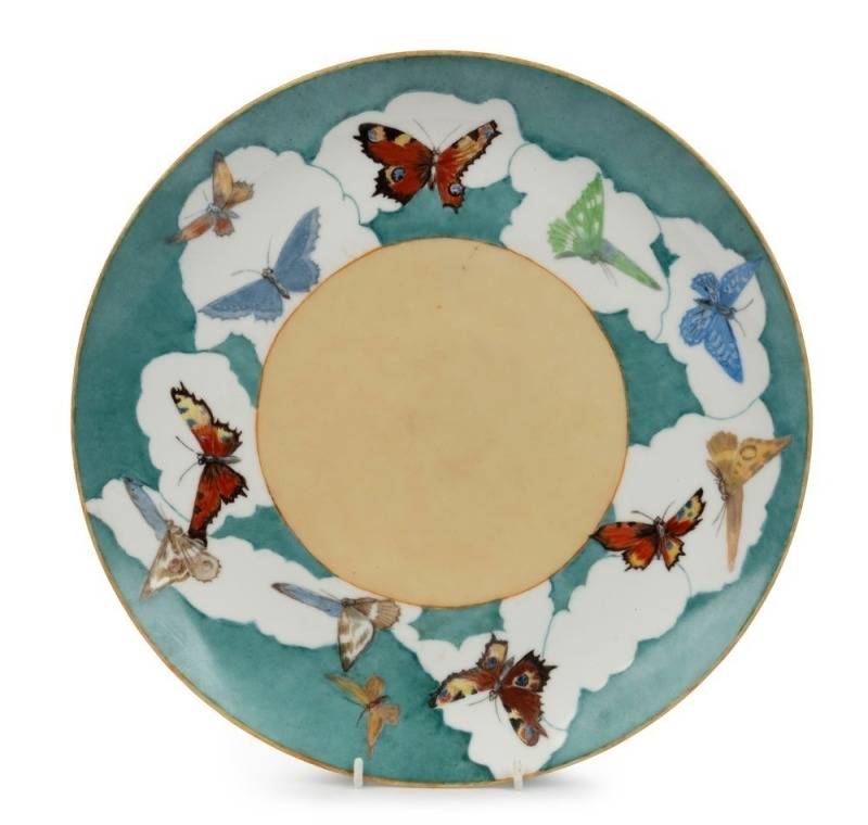 ADA NEWMAN hand-painted porcelain platter with butterfly decoration, signed and dated "A. I. Newman, 1931", 35.5cm diameter