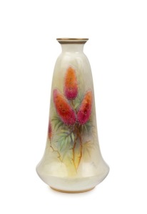 ROYAL WORCESTER antique English porcelain vase with hand-painted Australian native flowers, signed "R. AUSTIN", puce factory mark to base "Royal Worcester, England, Flavelle Brothers Ltd.", 20cm high