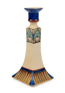 MAIDA WRIGHT (South Australia) hand-painted porcelain candlestick in the Egyptian Revival manner, signed "Maida Wright", 20cm high
