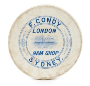 "F. CONDY - SYDNEY - LONDON HAM SHOP" antique point of sale porcelain pot stand decorated with three masted ship, 19th century, 20cm diameter. Condy was listed as a Provisions Dealer at 145 Oxford Street, Sydney in Sands & Macdougall’s 1883 directory. In 1889 he was running Ham & Beef shops at numbers 145 and 346 Oxford Street, Paddington. In 1900 his shop was at 131 Oxford St, Waverley. He is last listed in 1909.