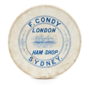 "F. CONDY - SYDNEY - LONDON HAM SHOP" antique point of sale porcelain pot stand decorated with three masted ship, 19th century, 20cm diameter. Condy was listed as a Provisions Dealer at 145 Oxford Street, Sydney in Sands & Macdougall’s 1883 directory. In 