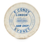 "F. CONDY&nbsp;-&nbsp;SYDNEY - LONDON HAM SHOP" antique point of sale&nbsp;porcelain pot stand decorated with three masted ship, 19th century, 20cm diameter. Condy was listed as a Provisions Dealer at 145 Oxford Street, Sydney in Sands & Macdougall&rsquo;s 1883 directory. In 