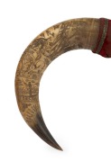 A fine pair of engraved scrimshaw buffalo horns mounted in red velvet, adorned with Australian motifs including kangaroos, an Aboriginal in a dugout canoe, a kookaburra eating a snake, swans, emus and riders, 19th century, 45cm wide overall - 2