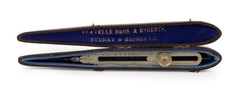 FLAVELLE BROS. & ROBERTS, SYDNEY & BRISBANE: Fine Moroccan leather cased drawing/dividing compass with divisions for solids, planes, lines and circles, engraved with broad arrow mark above initials "S.G.O., 196", 19th century