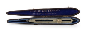 FLAVELLE BROS. & ROBERTS, SYDNEY & BRISBANE: Fine Moroccan leather cased drawing/dividing compass with divisions for solids, planes, lines and circles, engraved with broad arrow mark above initials "S.G.O., 196", 19th century