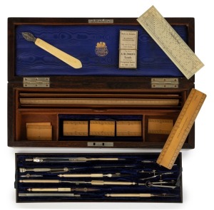 ANGELO TORNAGHI & CO. of Sydney: A fine cased draftsman's set with ivory handled drawing instruments, boxwood rules etc. in a handsome silvered brass bound rosewood case with gilt maker's label to the satin upholstered lid, 19th century, with gilt stamp inside lid "A TORNAGHI & CO., OPTICIANS, JEWELLERS & WATCHMAKERS, SYDNEY", 8cm high, 36cm wide, 13cm deep