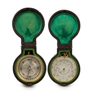 E. ESDAILE of SYDNEY: Fine Moroccan leather cased pocket barometer compendium, the barometric scale divided into inches with mercury Fahrenheit arch thermometer, the reverse side with jewelled compass and silvered dial (note: glass broken), made in England for E. Esdaile, Sydney, circa 1880, the barometer 5cm diameter