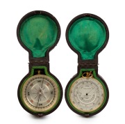 E. ESDAILE of SYDNEY: Fine Moroccan leather cased pocket barometer compendium, the barometric scale divided into inches with mercury Fahrenheit arch thermometer, the reverse side with jewelled compass and silvered dial (note: glass broken), made in Englan