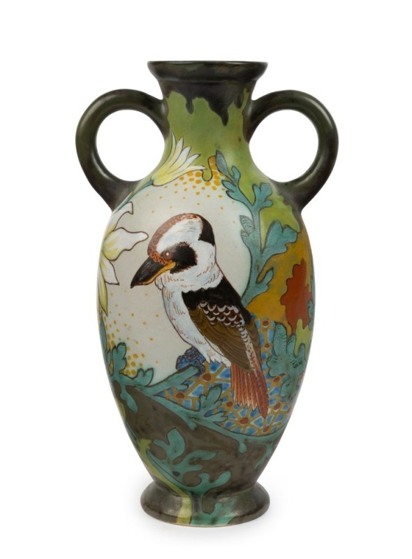 GOUDA two handled art pottery "Laughing Jackass" hand-painted kookaburra vase with flannel flower decoration on reverse, signed "0208, HOLLAND, GOUDA, LAUGHING-JACKASS, DUTCH-ART-POTTERY" and with pictorial mark, 26cm high