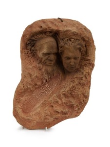 WILLIAM RICKETTS "All Life is One" pottery wall plaque with self-portrait of William Ricketts and Aboriginal elder, signed "Wm. Ricketts", 35.5cm high, 24cm wide