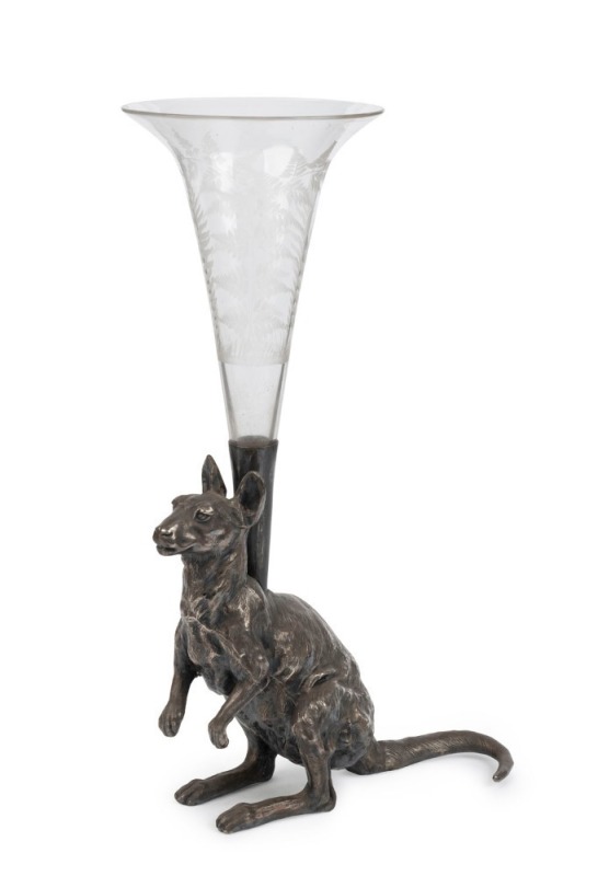 An antique silver finished kangaroo epergne with fern etched glass trumpet, 19th century, 33cm high