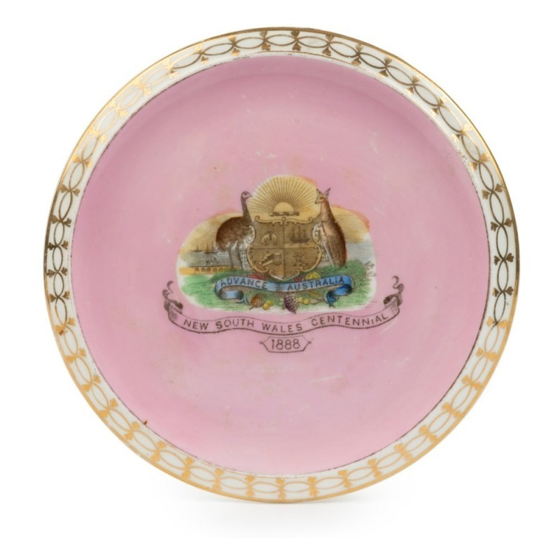 "ADVANCE AUSTRALIA, NEW SOUTH WALES CENTENNIAL, 1888" antique pink porcelain trivet with gilt border and attractive hand-coloured coat of arms, 17cm diameter