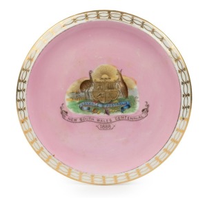 "ADVANCE AUSTRALIA, NEW SOUTH WALES CENTENNIAL, 1888" antique pink porcelain trivet with gilt border and attractive hand-coloured coat of arms, 17cm diameter