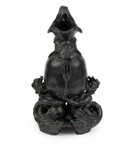 GWEN WATSON impressive black and green glazed pottery ewer with mermen and fish figural decoration, incised "G. G.". 36cm high