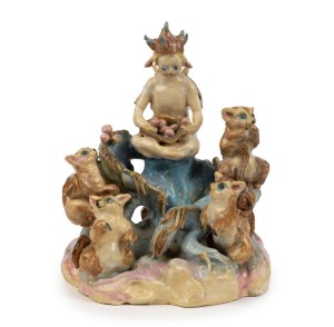 GWEN WATSON pottery gumnut fairy statue adorned with five possums, incised "G. Watson", 24cm high, 20cm wide