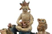GWEN WATSON pottery gumnut fairy statue adorned with five possums, incised "G. Watson", 24cm high, 20cm wide - 4