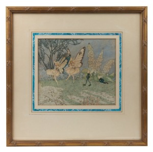NANCY MOFFATT, Fairies and Pixies, 1936, watercolour and ink, signed lower right "Nancy Moffatt '36", with inscription verso "By Nancy Moffatt. From Paintings and Prints, Margaret MacLean’s Gallery 252 Collins St." 22.5 x 26cm, 47 x 47cm overall