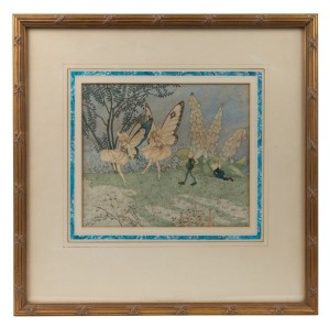 NANCY MOFFATT, Fairies and Pixies, 1936, watercolour and ink, signed lower right "Nancy Moffatt '36", with inscription verso "By Nancy Moffatt. From Paintings and Prints, Margaret MacLean’s Gallery 252 Collins St." 22.5 x 26cm, 47 x 47cm overall