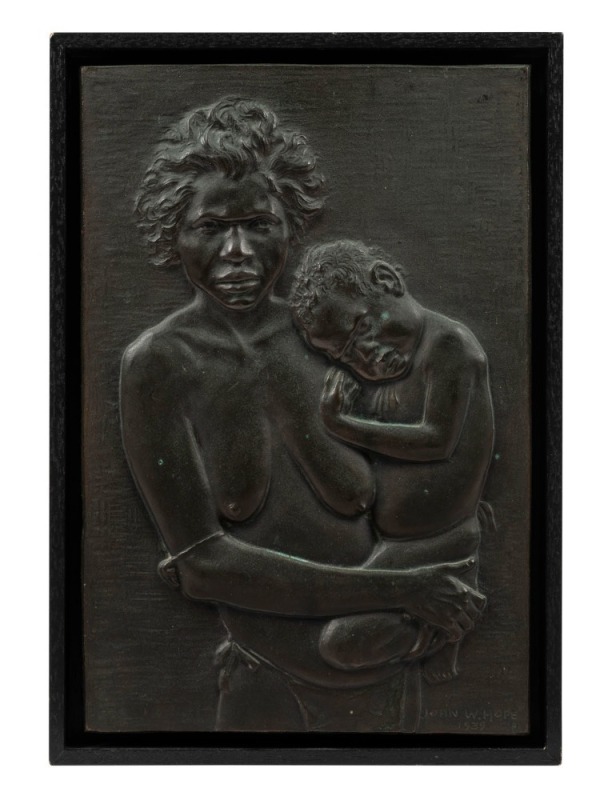 JOHN W. HOPE portrait of an Aboriginal woman with child, cast bronze plaque, signed lower right "John W. Hope, 1939", 31 x 21cm, 34 x 24cm overall