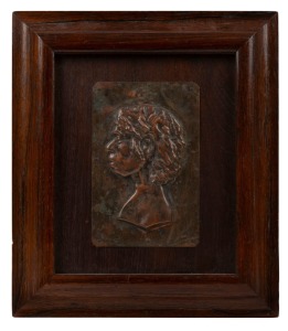 ARTIST UNKNOWN hand-beaten copper profile portrait of an Aboriginal woman mounted on cedar board in cedar frame, 19th/20th century, 26.5 x 23cm overall