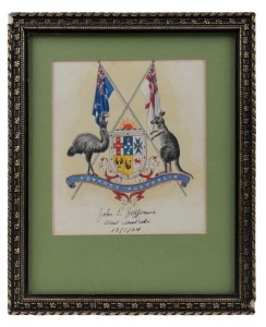 "ADVANCE AUSTRALIA" patriotic watercolour hand-painted coat of arms, signed "A. J. Hislop" and dedicated to "John. E. Jefferson, West Australia, 13/7/24", 16.5 x 14.5cm, 28 x 23cm overall