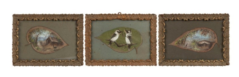 Group of three Australian hand-painted gum leaves, attributed to Minnie Boyd, one depicting a pair of kookaburras, and the others depicting a kangaroo and bush hut in landscape and an emu in a similar setting, 19th/20th century, mounted on green card with