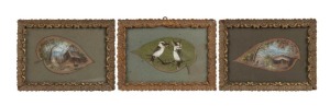 Group of three Australian hand-painted gum leaves, attributed to Minnie Boyd, one depicting a pair of kookaburras, and the others depicting a kangaroo and bush hut in landscape and an emu in a similar setting, 19th/20th century, mounted on green card with matching ornate gilt frames, 21 x 29cm each overall.