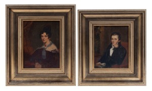 ARTIST UNKNOWN (19th century), (pair of husband and wife portraits), oil on board, inscribed verso, I.) "Barzillai Quaife, 1798-1873, (b. Lenham, Kent, England, d. Paddington, NSW.), II.) "Maria Quaife (née Smith, Died 12 Jan 1859, Paddington, NSW.) 15 x 11.5cm each, 24 x 21cm each overall