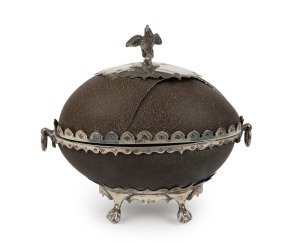 An antique English sterling silver mounted emu egg double inkwell casket, adorned with cockatoo finial and lion claw feet, stamped "T. S.", made in London, circa 1869, 13cm high, 15cm wide