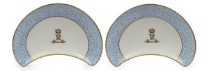 "GOVERNMENT HOUSE" pair of Royal Worcester antique crescent side plates, emblazoned with Queen Victoria cypher "V. R. Government House" and crown, 19th century, blue factory mark to base, 25cm wide
