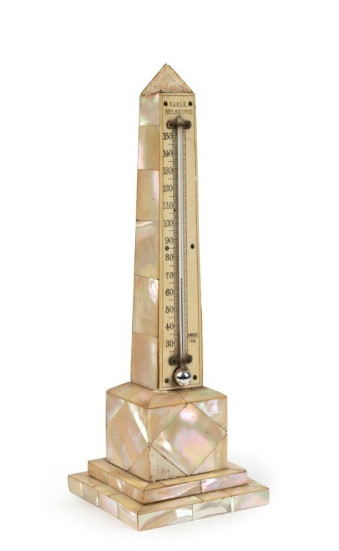 EARLE of MELBOURNE antique mother of pearl obelisk mercury desk thermometer with ivory register plate, engraved "EARLE. MELBOURNE", 19th century, 23cm high