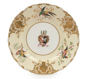 SIR JOHN & LADY JANE FRANKLIN antique porcelain plate by Copeland & Garrett with embossed lotus design, hand-painted birds, blossoms and family crest. Sir John Franklin served as the Lieutenant-Governor of Van Diemen's Land from 1837-1843. Franklin had a long and illustrious career serving in the Royal Navy during the Napoleonic Wars as well as the War of 1812, but most notably known for his third and final expedition, which was an attempt to open a route through the North West Passage