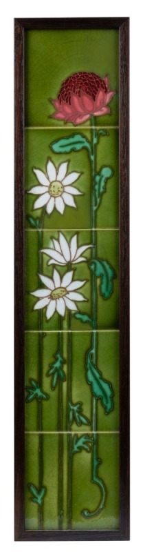 Five framed majolica tiles with waratah and flannel flower motif, 19th/20th century, 79 x 18cm overall